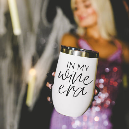 Wine Era 17oz tumbler white with black IN MY wine era script and stainless steel rim on Tampa Home & Garden Store