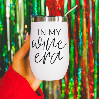 Wine Era 17oz tumbler by Gia Roma, white matte with stainless lid, black script in my wine era on Tampa Home & Garden Store