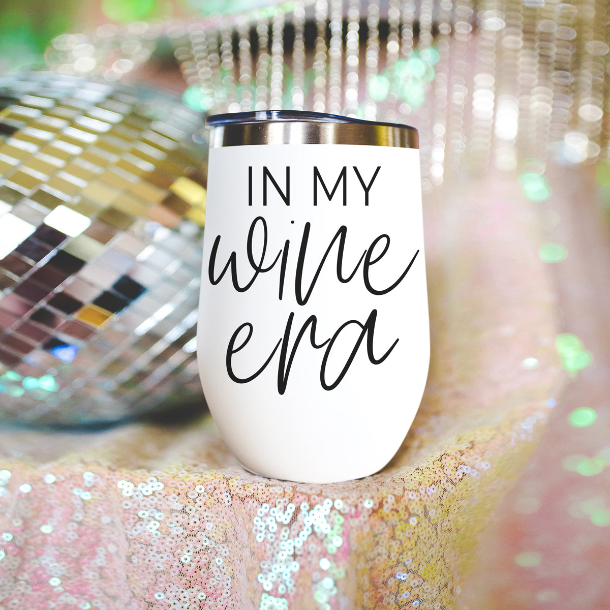 Wine Era 17oz tumbler white with black script In My Wine Era stainless steel rim on Tampa Home & Garden Store