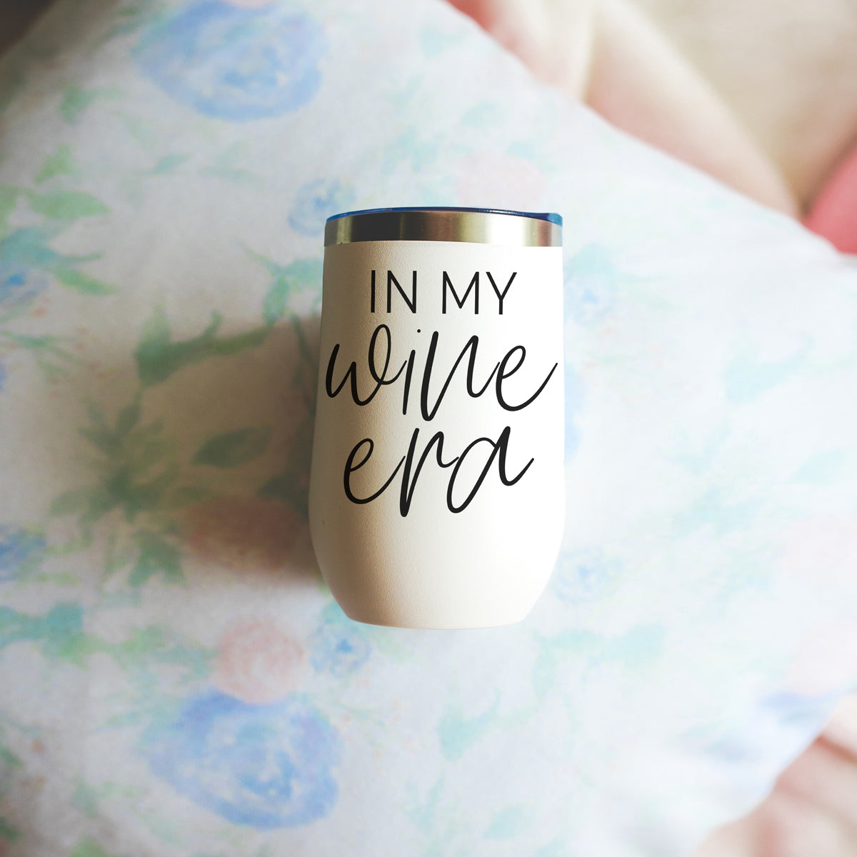 Wine Era 17oz tumbler white matte finish with blue lid, black script IN MY wine era on Tampa Home & Garden Store