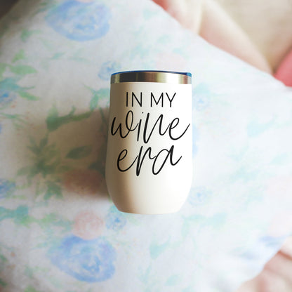 Wine Era 17oz tumbler white matte finish with blue lid, black script IN MY wine era on Tampa Home & Garden Store