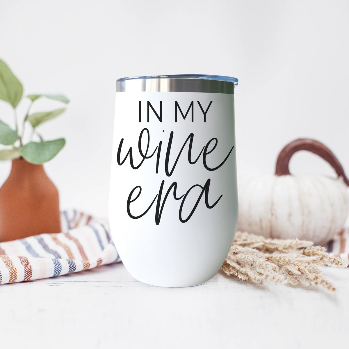 Wine Era 17oz tumbler by Gia Roma, white with black script and stainless lid on Tampa Home & Garden Store