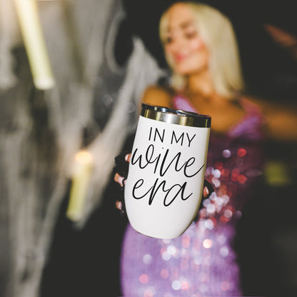 Wine Era 17oz tumbler in white with black script in my wine era and metallic rim on Tampa Home & Garden Store