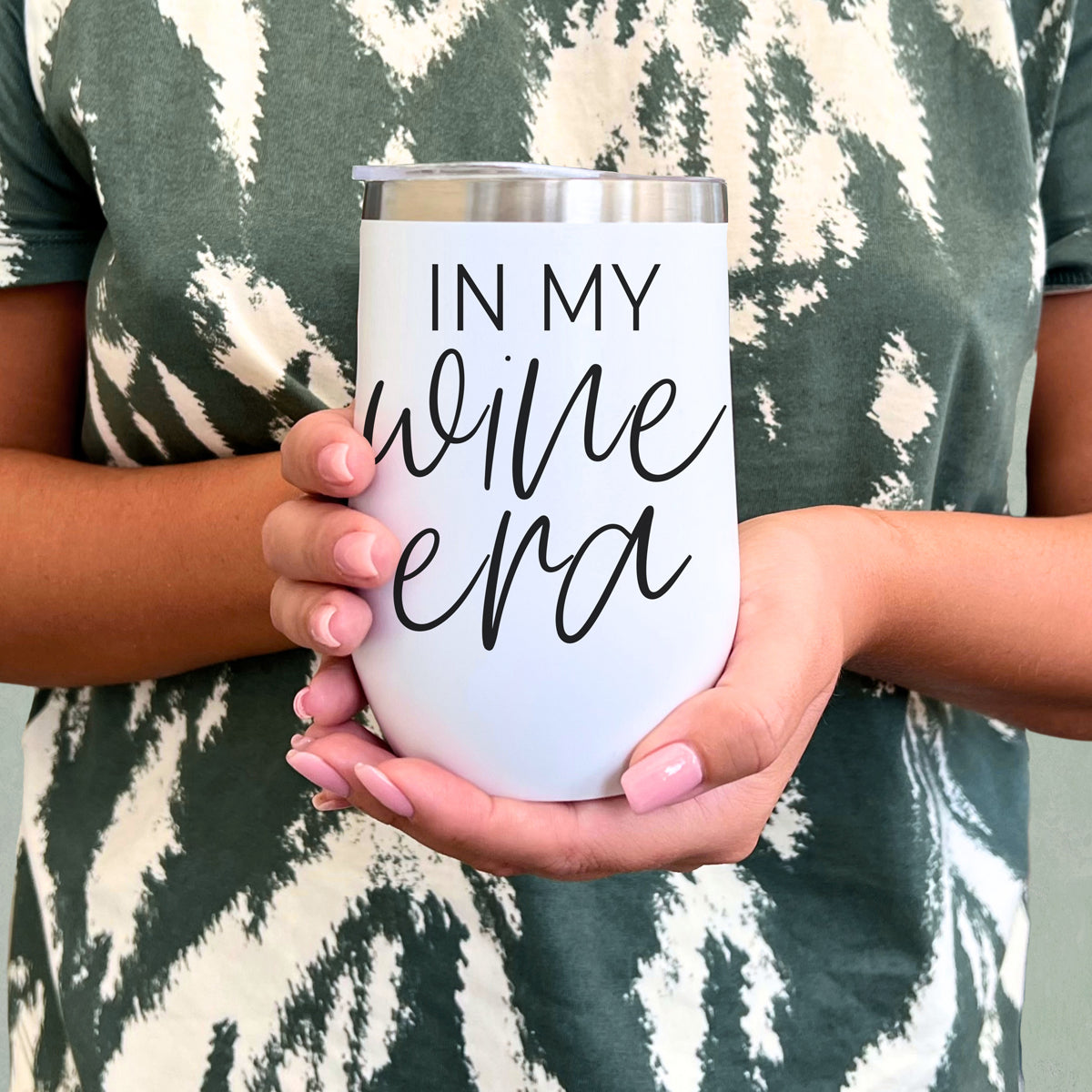 Wine Era 17oz tumbler in white with black script and stainless steel lid Gia Roma on Tampa Home & Garden Store