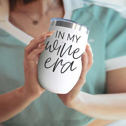 Wine Era 17oz tumbler by Gia Roma, white stainless body with silver rim and black script on Tampa Home & Garden Store