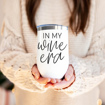 Gia Roma Wine Era 17oz tumbler white with black script blue lid on Tampa Home & Garden Store