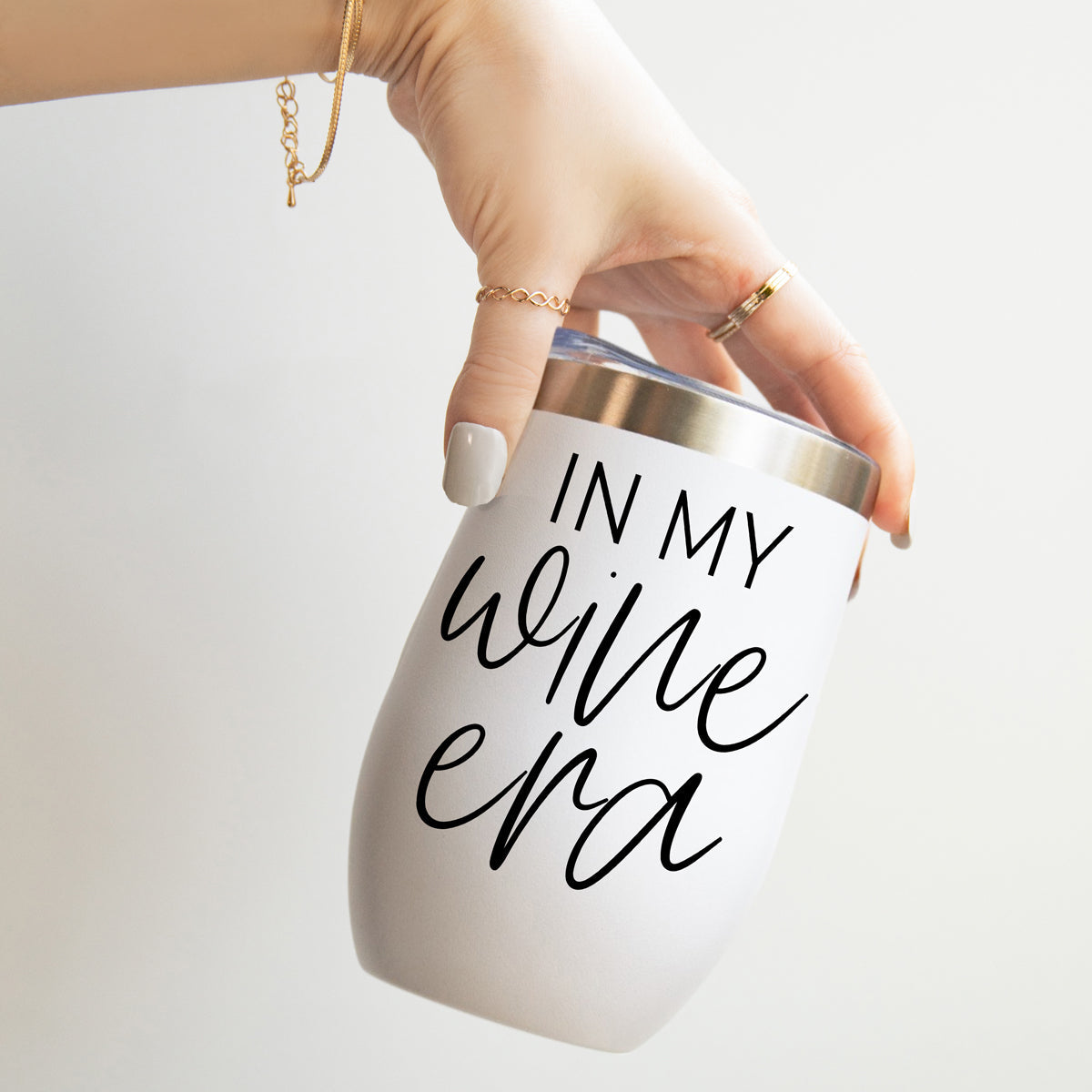 Wine Era 17oz tumbler by Gia Roma, white with black script IN MY WINE ERA and metallic lid on Tampa Home & Garden Store