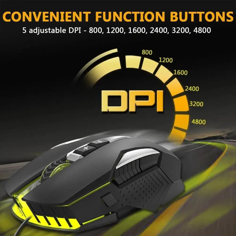 Stevvex ergonomic wired RGB gaming mouse with backlit yellow accents and up to 4800 DPI on Tampa Home & Garden Store