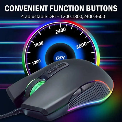 Stevvex wired RGB gaming mouse with ergonomic grip, optical sensor and four DPI settings on Tampa Home & Garden Store