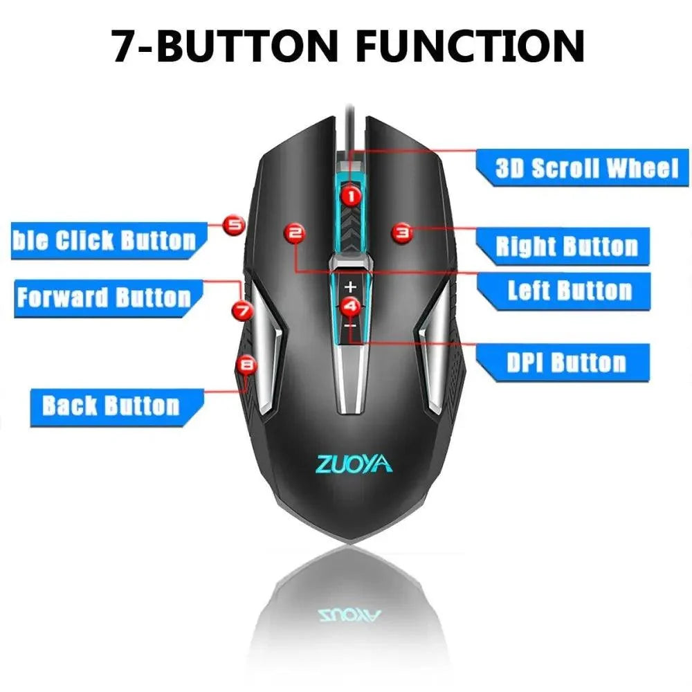 Ergonomic wired RGB gaming mouse by Stevvex, black with blue backlight, ZUOYA logo on Tampa Home & Garden Store