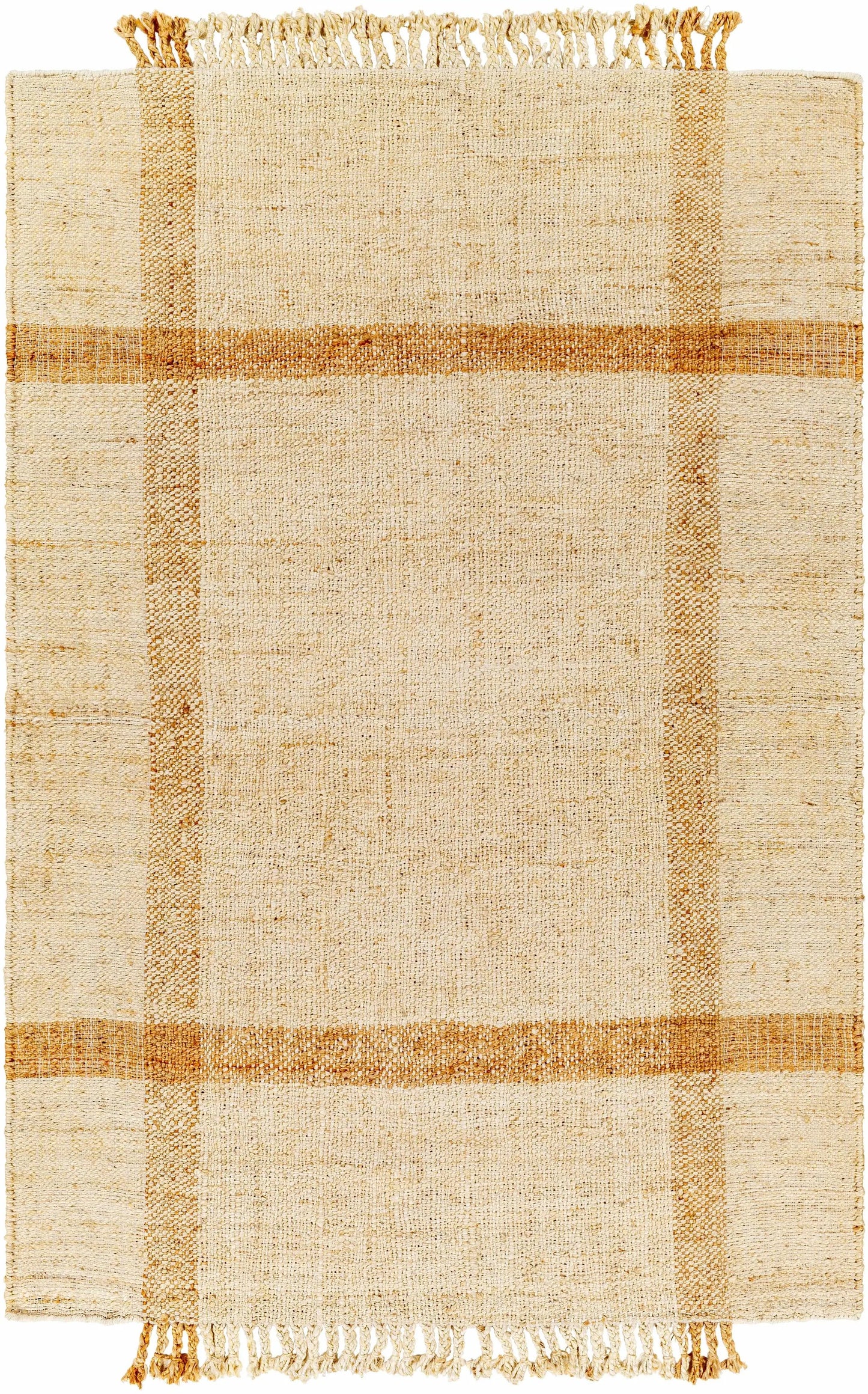 Errin Jute Area Rug natural beige with tan stripe bands and fringe by Boutique Rugs on Tampa Home & Garden Store