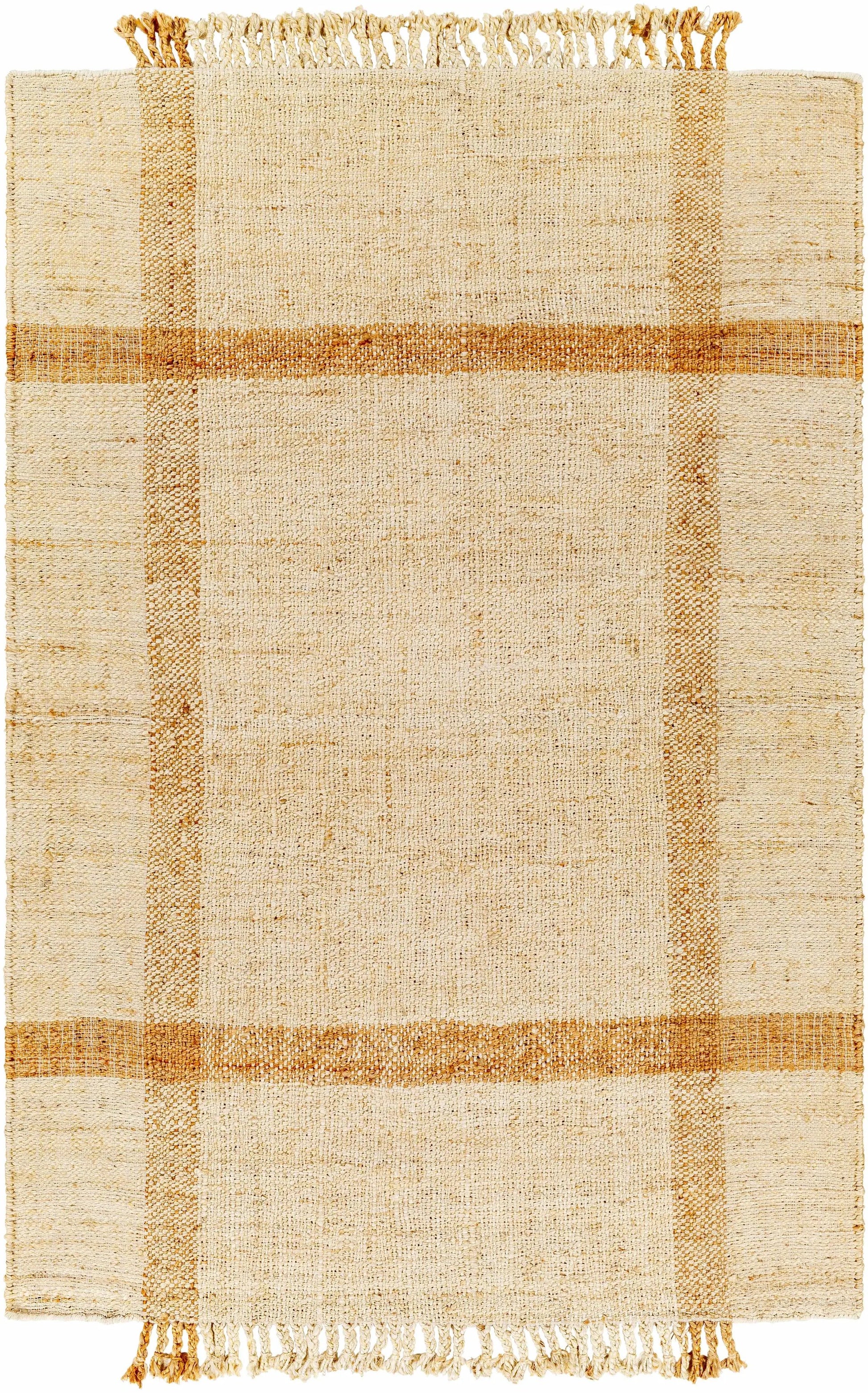 Errin Jute Area Rug natural beige with tan stripe bands and fringe by Boutique Rugs on Tampa Home & Garden Store
