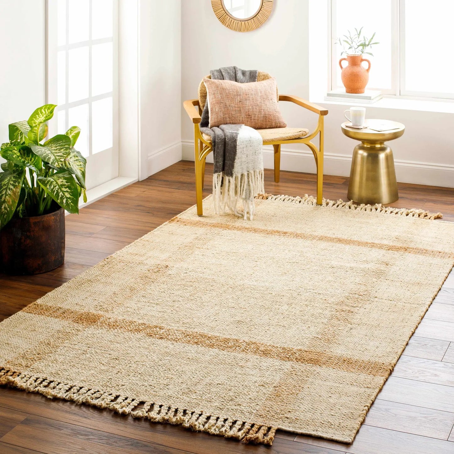 Errin Jute Area Rug by Boutique Rugs, natural beige with fringe on Tampa Home & Garden Store