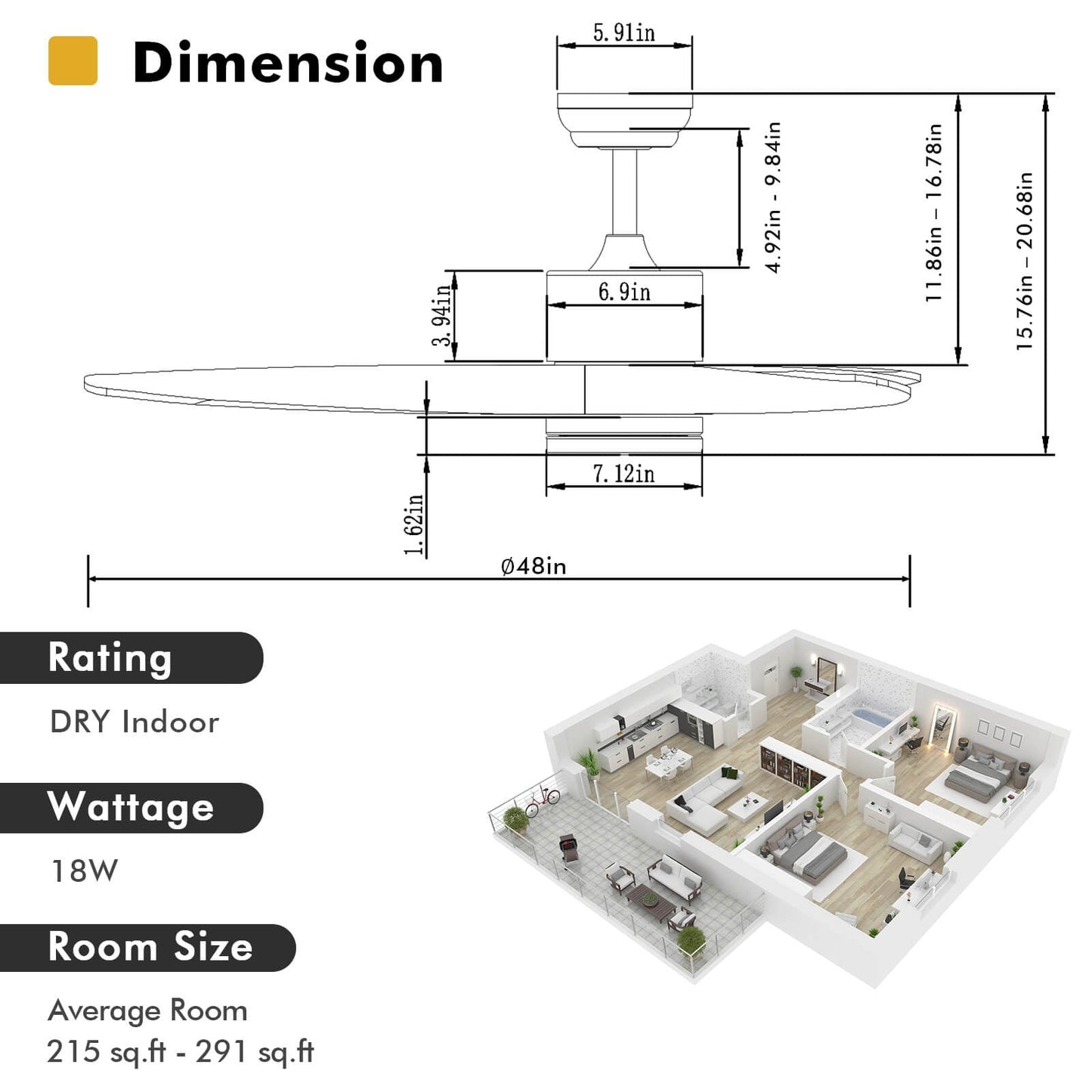 Ventilador de techo de madera de 48 pulgadas con luces LED y 6 niveles de velocidad