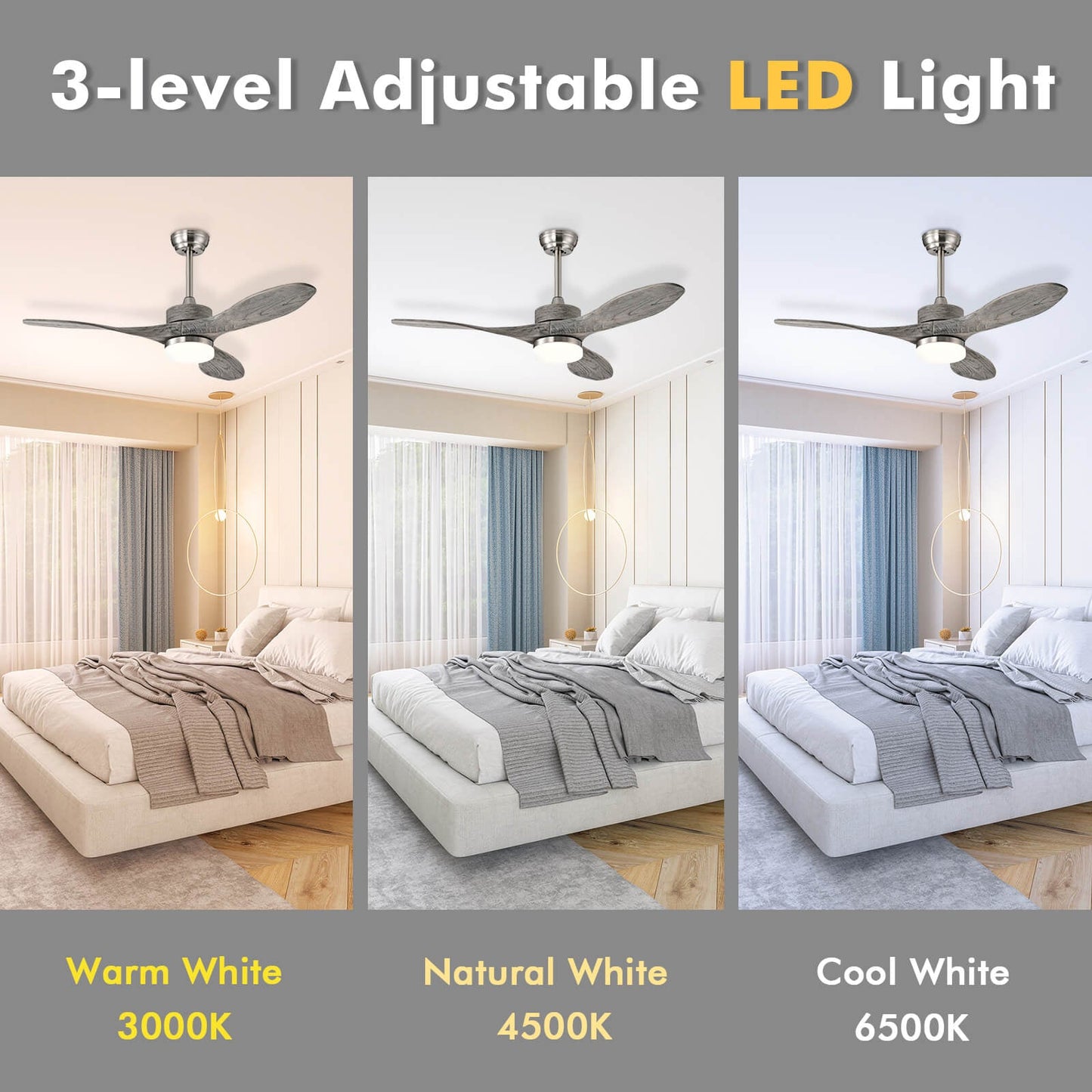 Ventilador de techo de madera de 48 pulgadas con luces LED y 6 niveles de velocidad