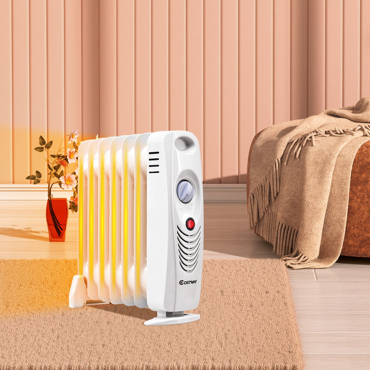700 W portable oil-filled radiator heater, white with dial, Costway in peach living room on Tampa Home & Garden Store