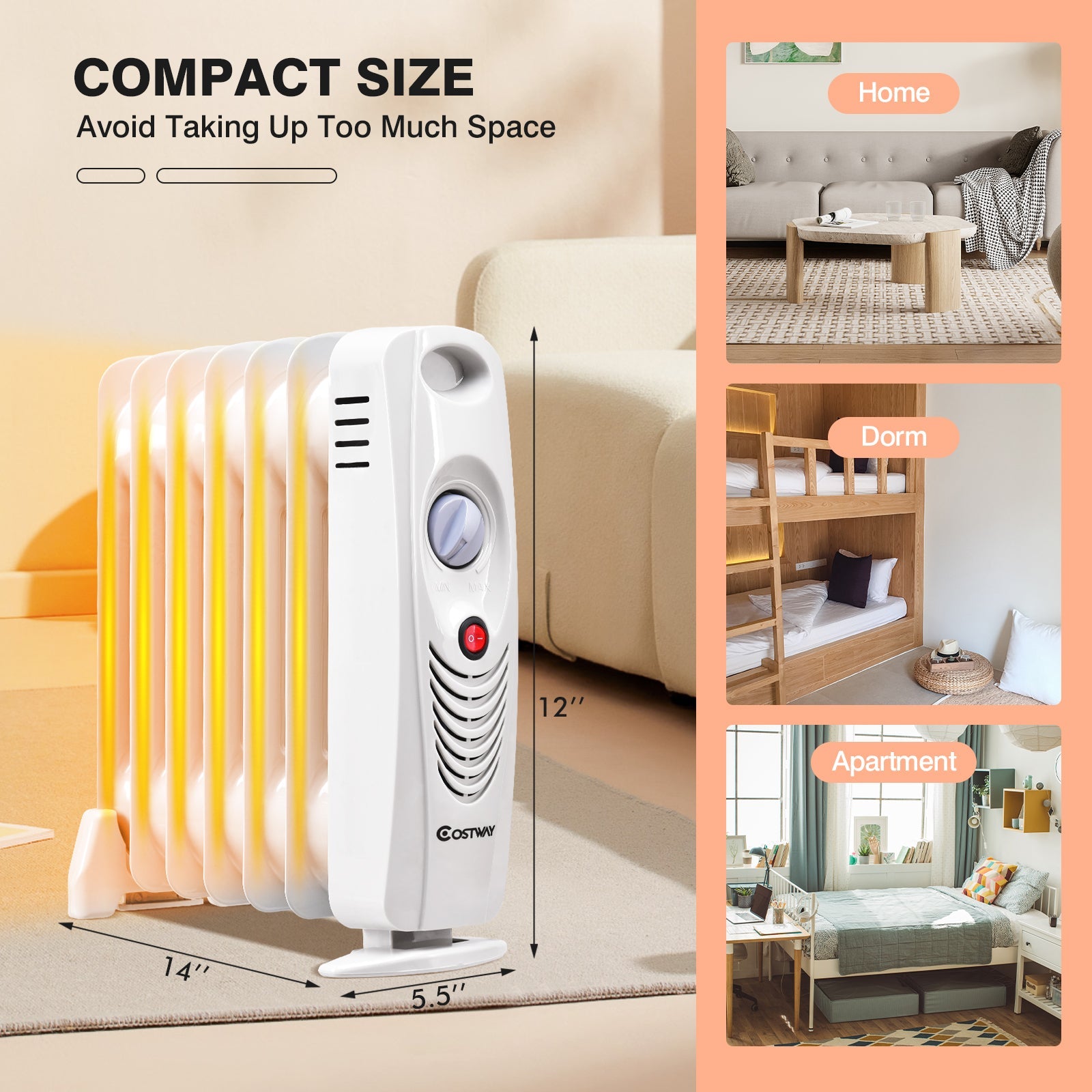 700 W portable oil-filled radiator heater Costway, white with yellow fins, 14 in wide on Tampa Home & Garden Store