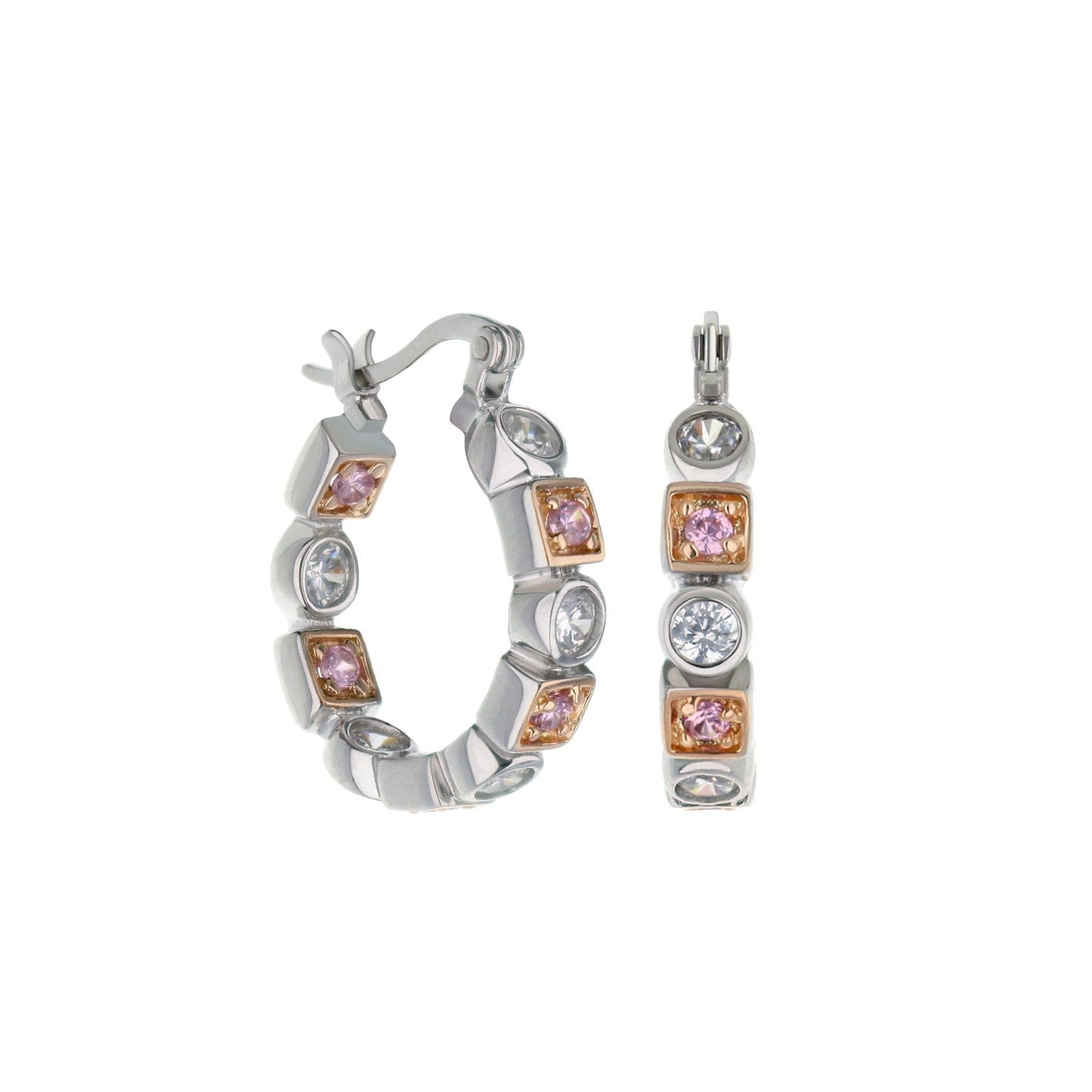 Sterling silver hoop earrings with pink and clear stones in square and round settings on Tampa Home & Garden Store