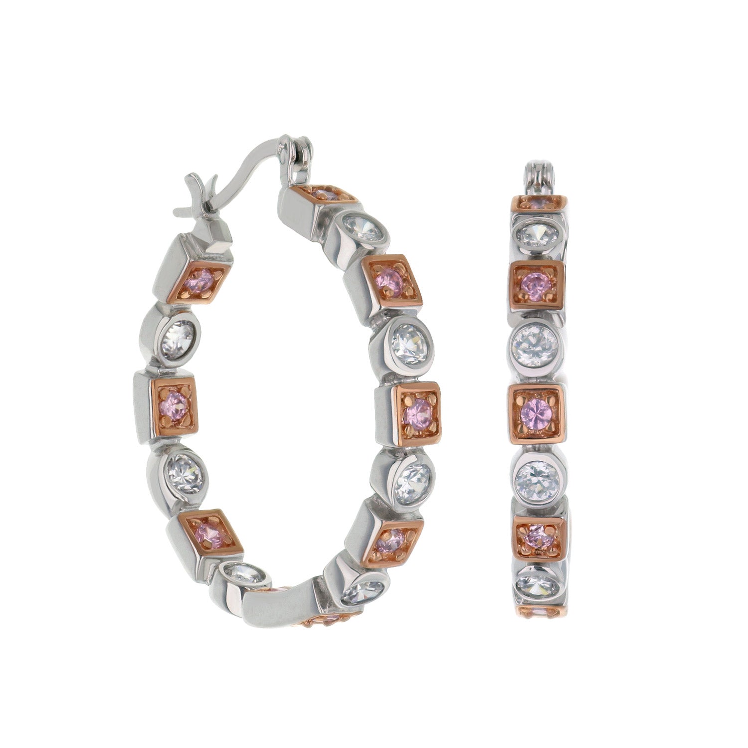 Sterling silver hoop earrings by Lauren G Adams, two-tone with pink and clear stones on Tampa Home & Garden Store