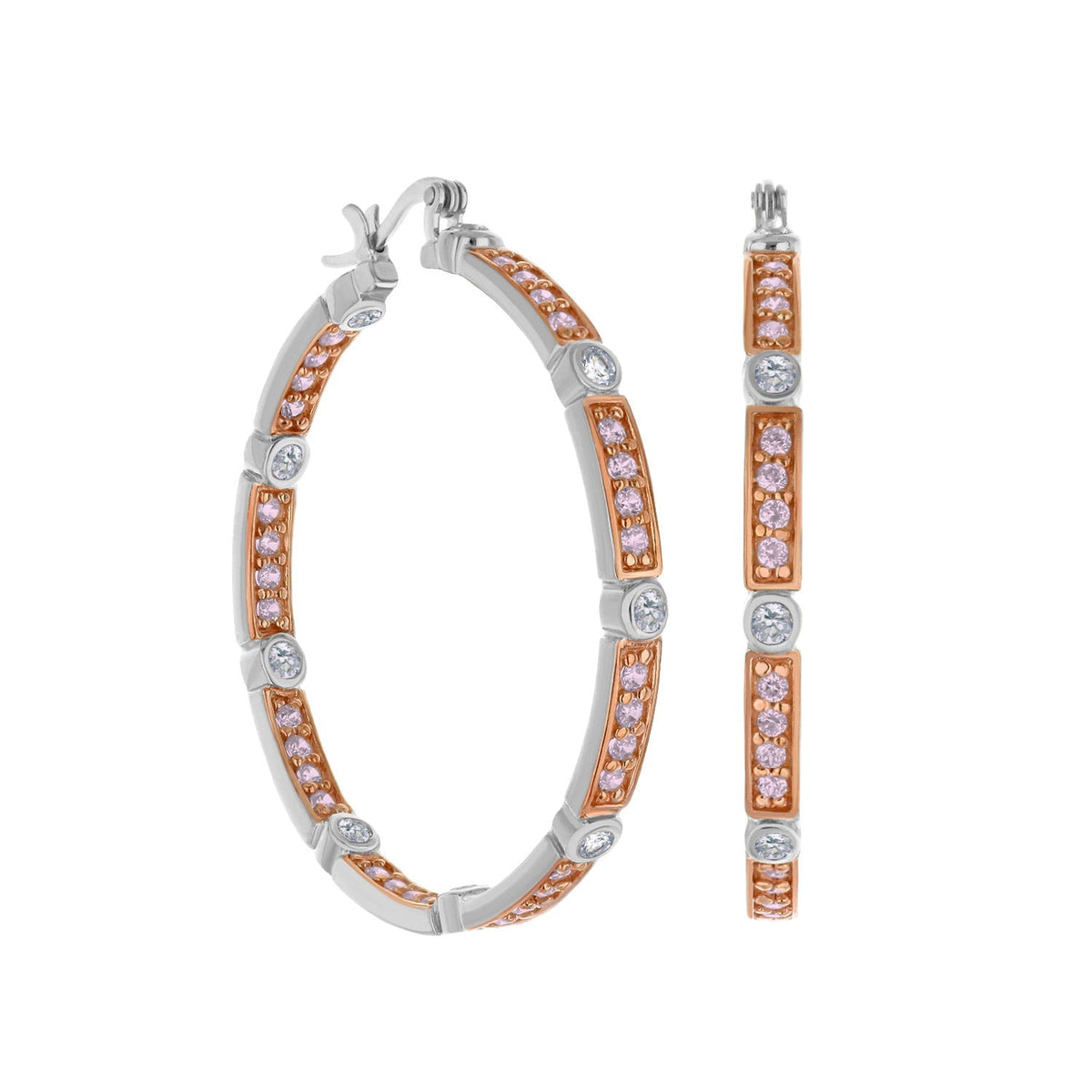 Sterling silver hoop earrings with rose-gold insets and pink crystals on Tampa Home & Garden Store