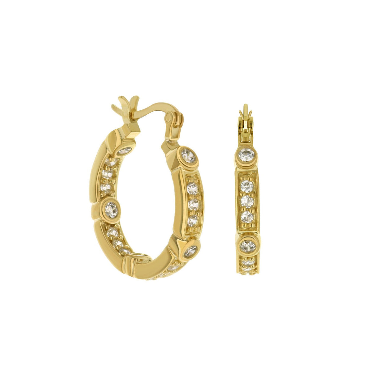Gold-tone hoop earrings with pavé diamonds in a segmented design, hinged clasp on Tampa Home & Garden Store
