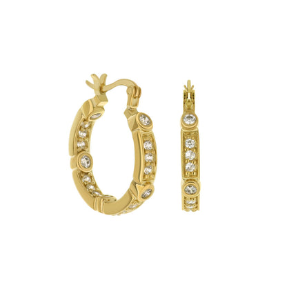 Gold-tone hoop earrings with pavé diamonds in a segmented design, hinged clasp on Tampa Home & Garden Store