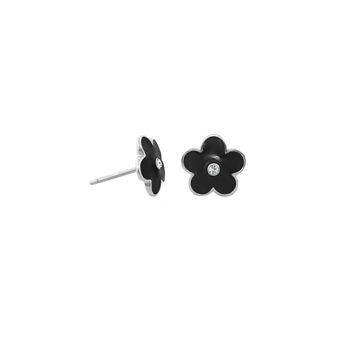 Flower Girl earrings by Lauren G Adams, black enamel flower with crystal center, silver-tone on Tampa Home & Garden Store
