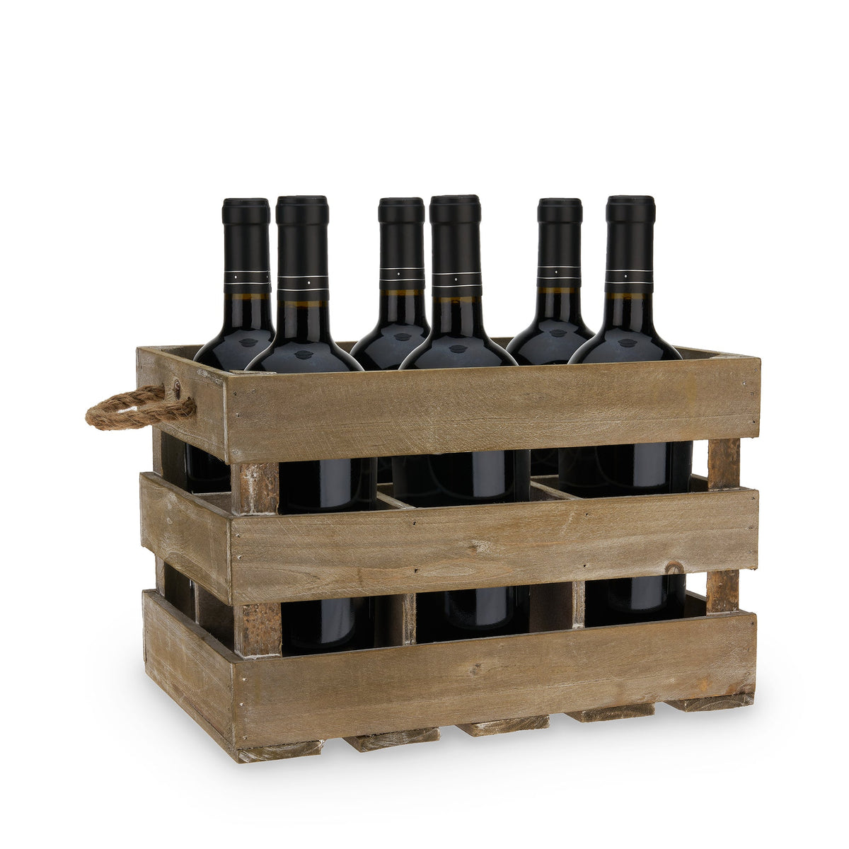 Wooden 6-Bottle Crate wine rack with six dark glass bottles in a rustic crate Twine Living on Tampa Home & Garden Store