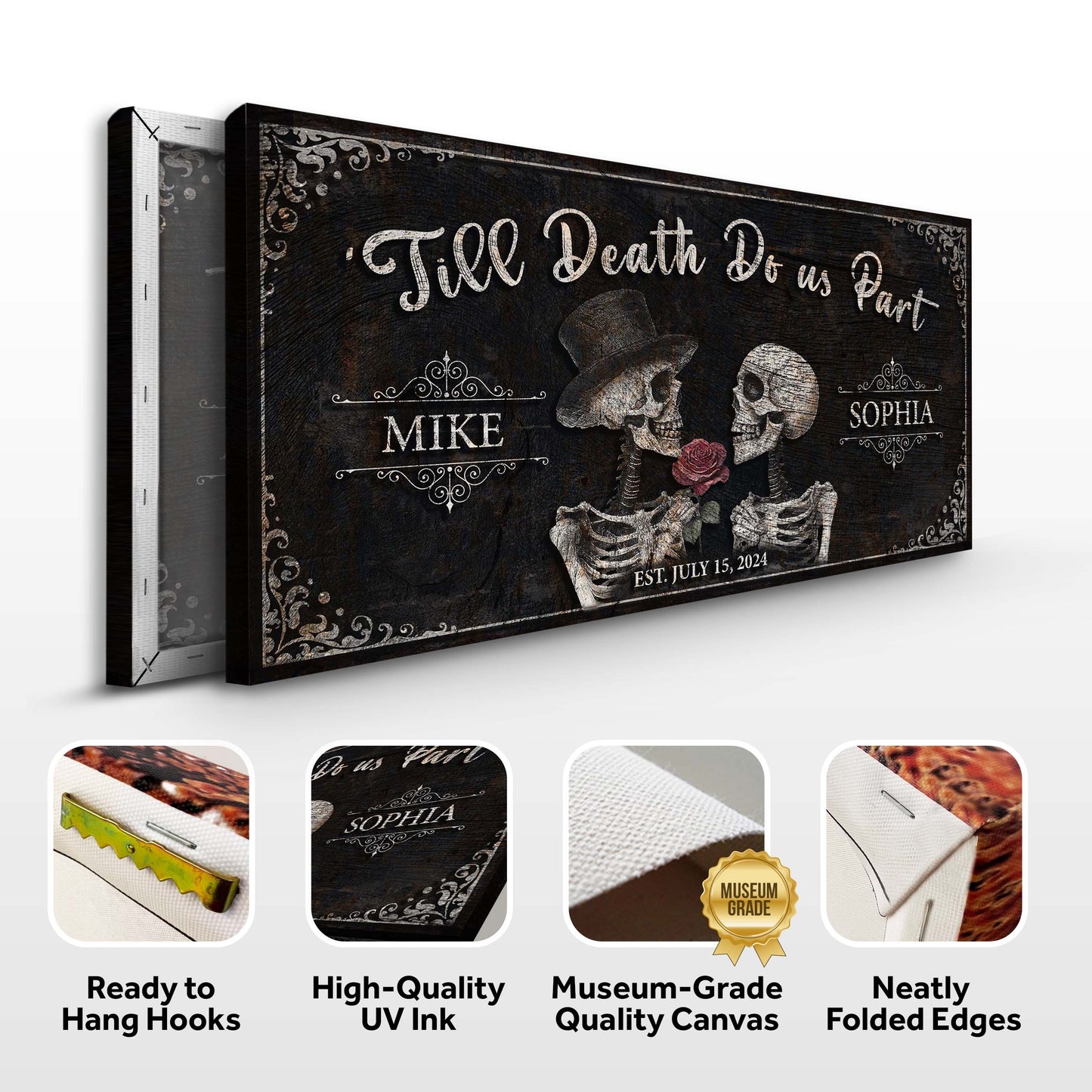 Till Death Do Us Part Skeleton Couple canvas with dark rustic background on Tampa Home & Garden Store