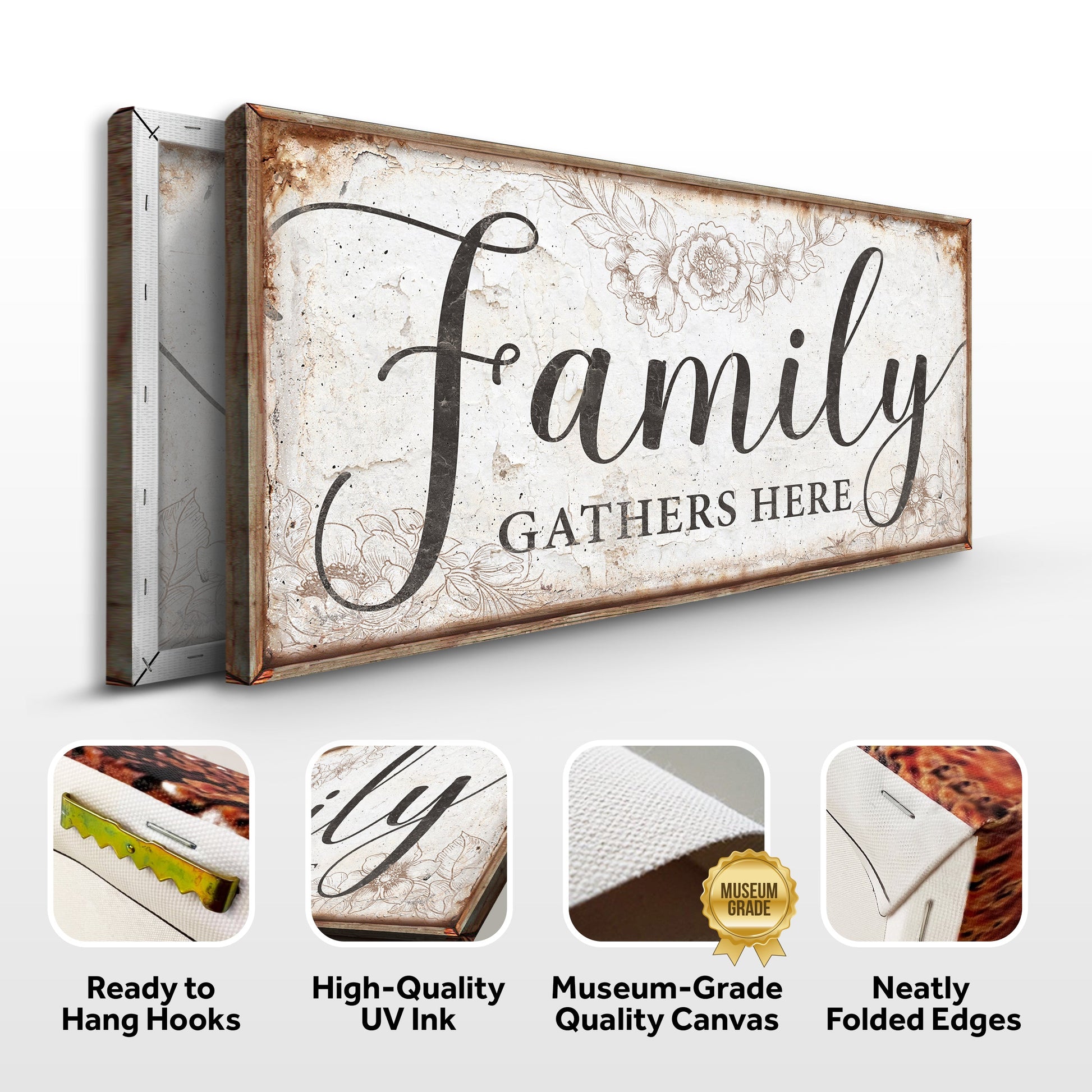 Canvas sign Family Gathers Here by Tailored Canvases, rustic framed craft canvas on Tampa Home & Garden Store