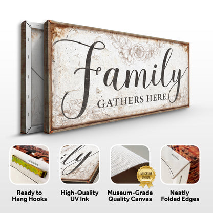 Canvas sign Family Gathers Here by Tailored Canvases, rustic framed craft canvas on Tampa Home & Garden Store