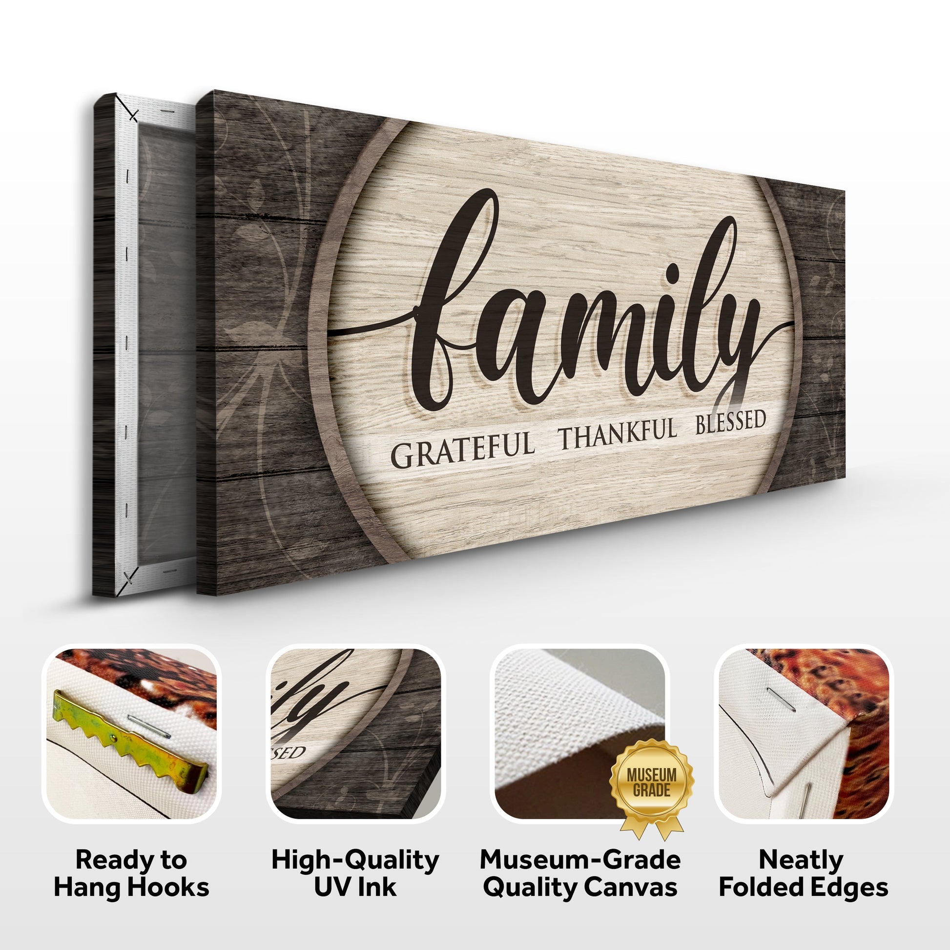 Grateful Thankful Blessed Family Sign canvas by Tailored Canvases with wood panel design on Tampa Home & Garden Store