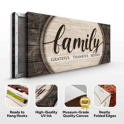 Grateful Thankful Blessed Family Sign canvas by Tailored Canvases with wood panel design on Tampa Home & Garden Store