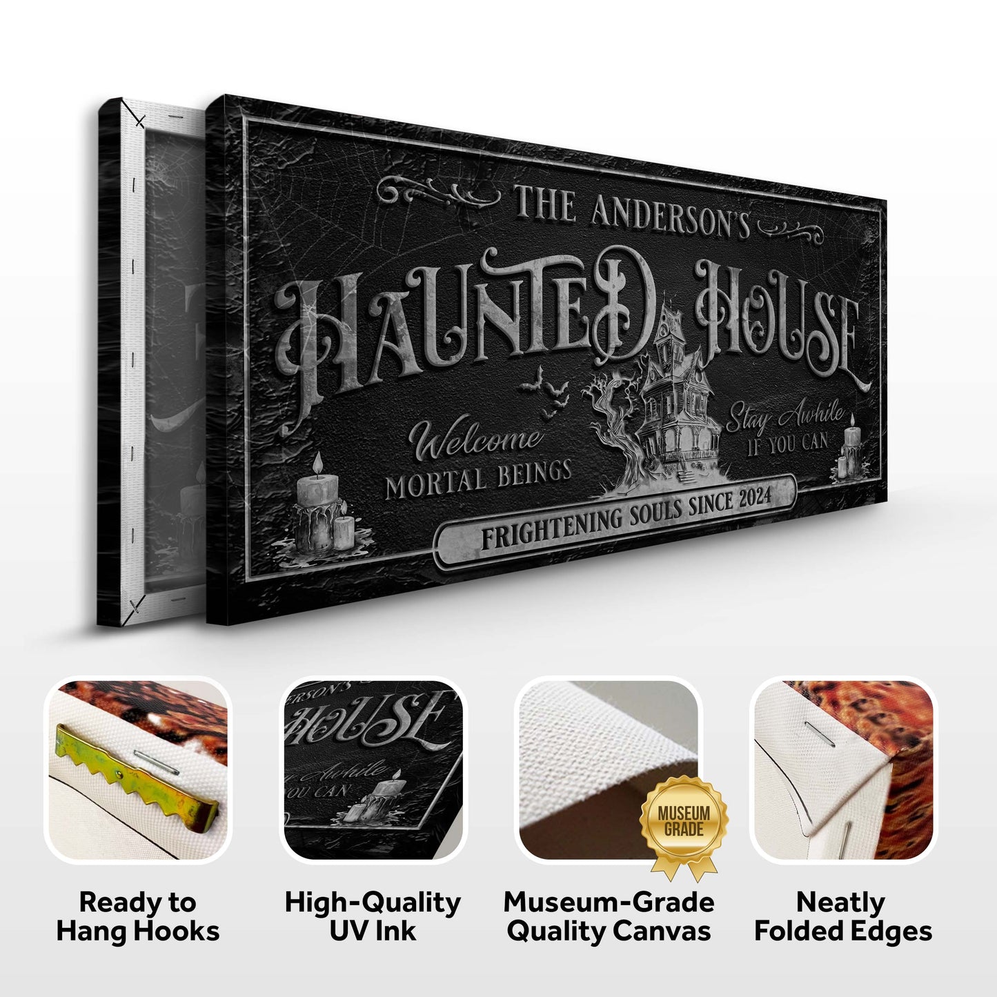 Personalized Haunted House Sign canvas with Gothic lettering by Tailored Canvases on Tampa Home & Garden Store