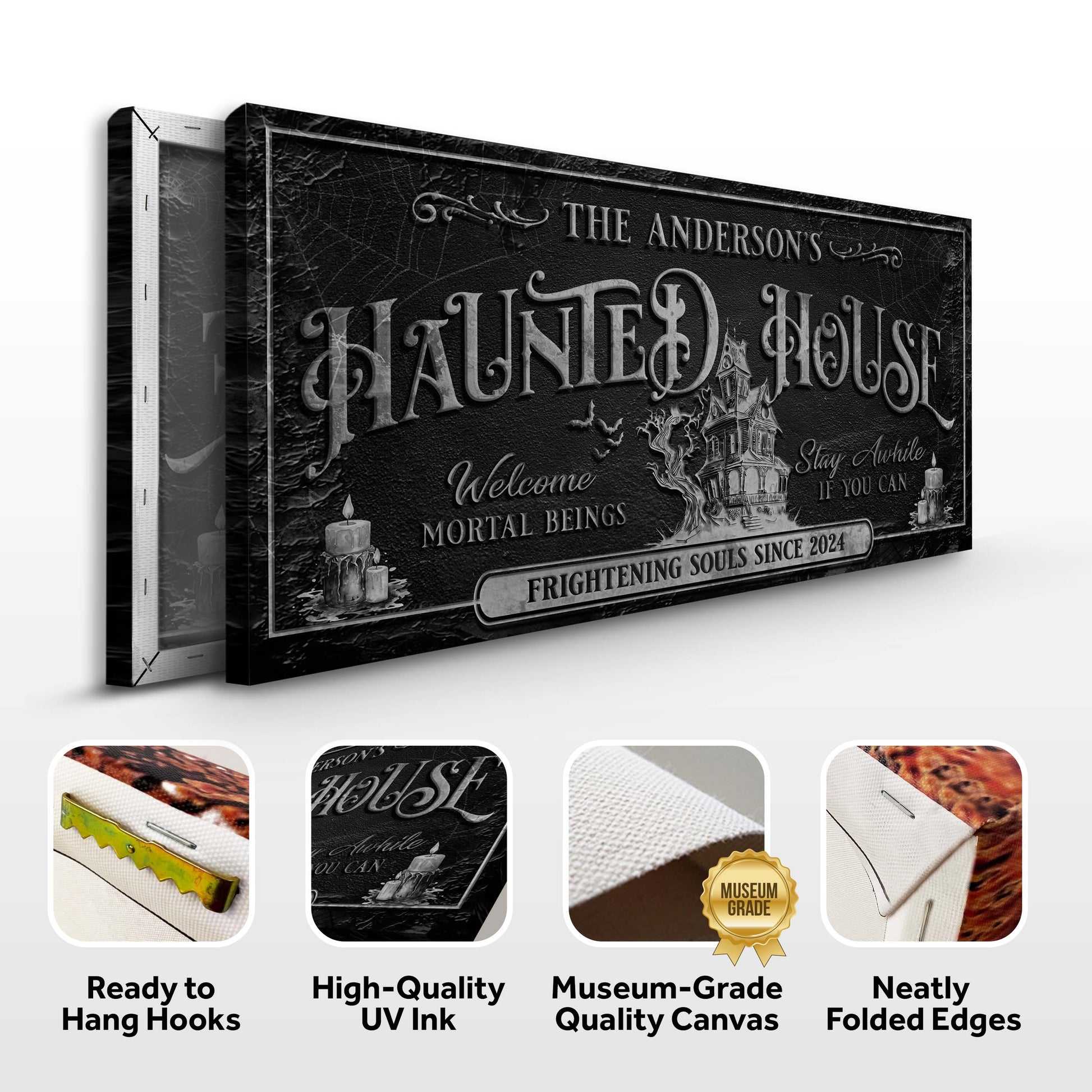 Personalized Haunted House Sign canvas with Gothic lettering by Tailored Canvases on Tampa Home & Garden Store