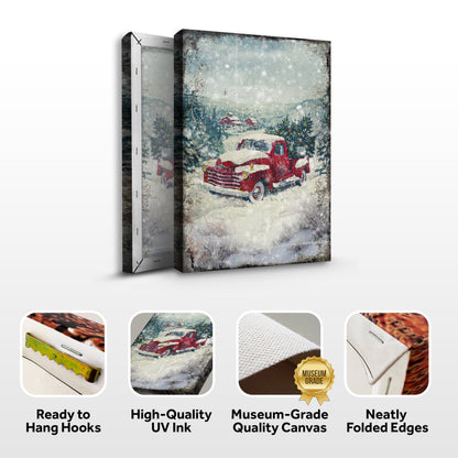 Vintage Truck With Christmas Tree Wall Art II canvas by Tailored Canvases, snowy red truck scene on Tampa Home & Garden Store