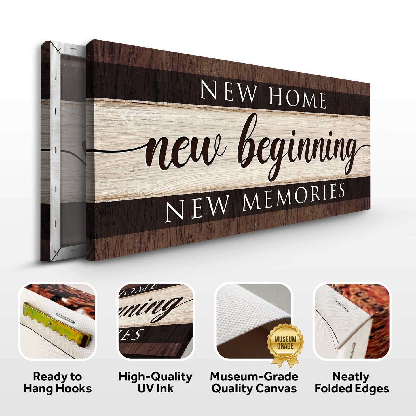 New Home New Beginning New Memories Sign III canvas on woodgrain board by Tailored Canvases on Tampa Home & Garden Store