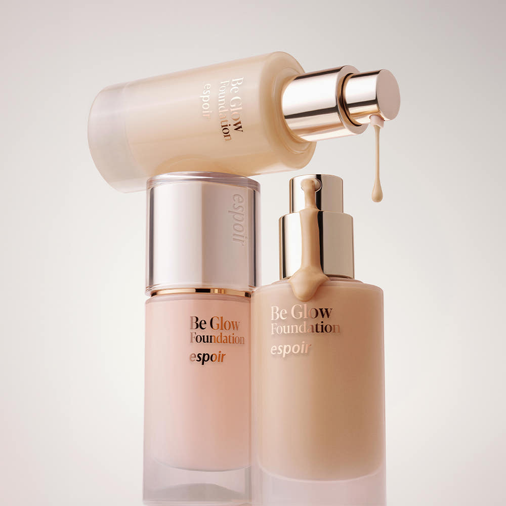 Be Glow Foundation display by espoir with three pump foundation bottles on Tampa Home & Garden Store