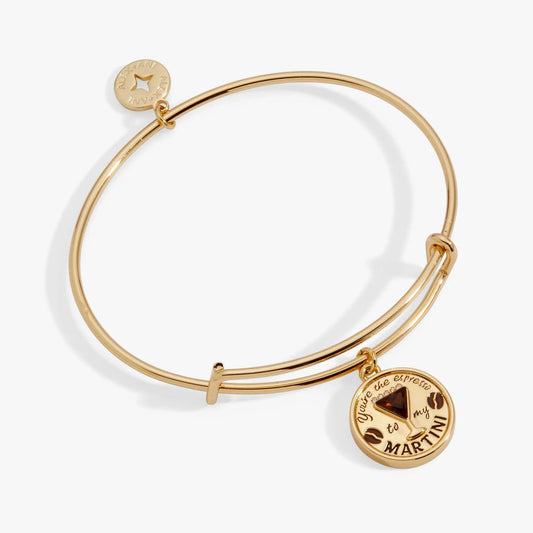Gold-tone Alex and Ani charm bangle with round disc engraved You're the espresso to my martini on Tampa Home & Garden Store