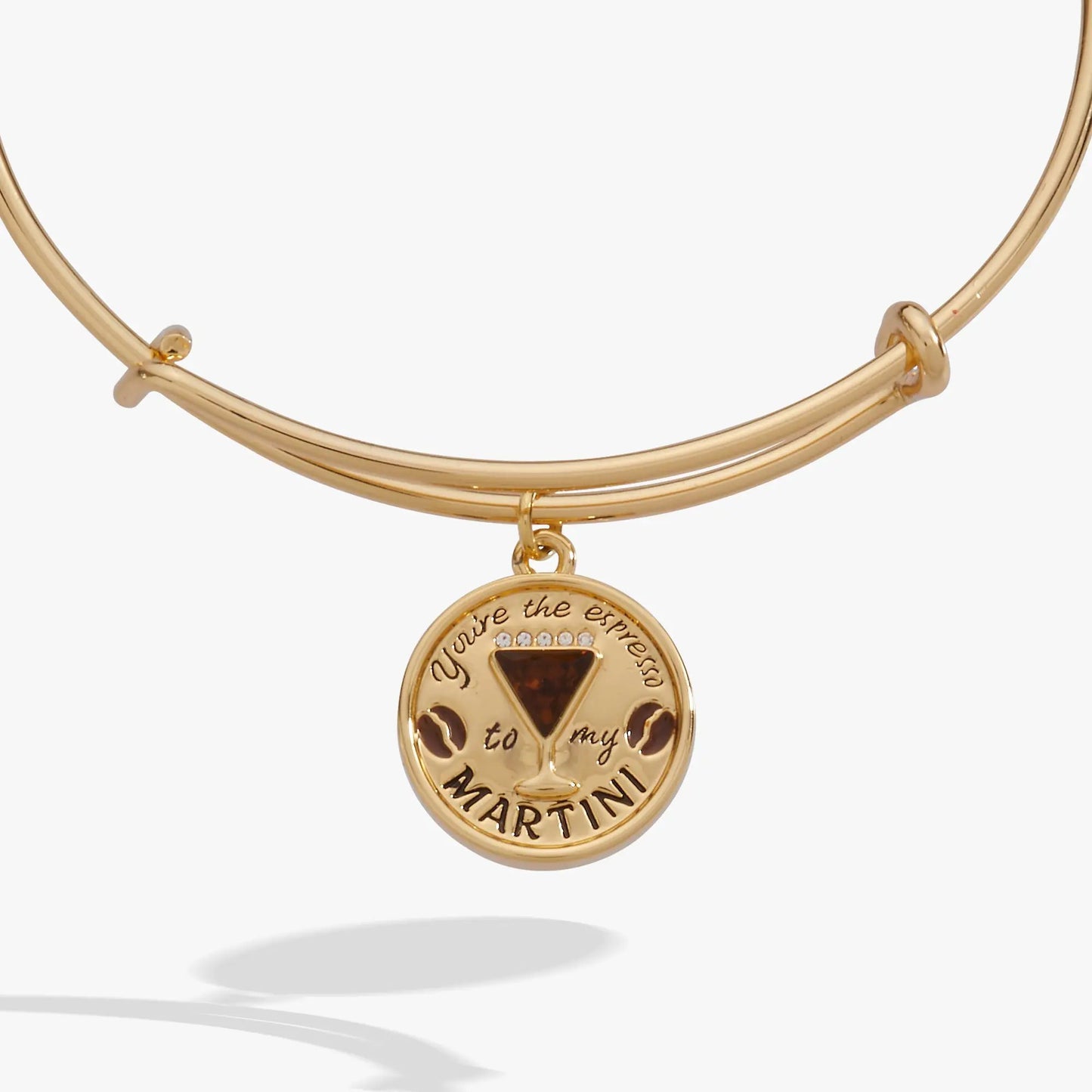 Charm bangle in gold tone with circular pendant engraved youre the espresso to my martini on Tampa Home & Garden Store