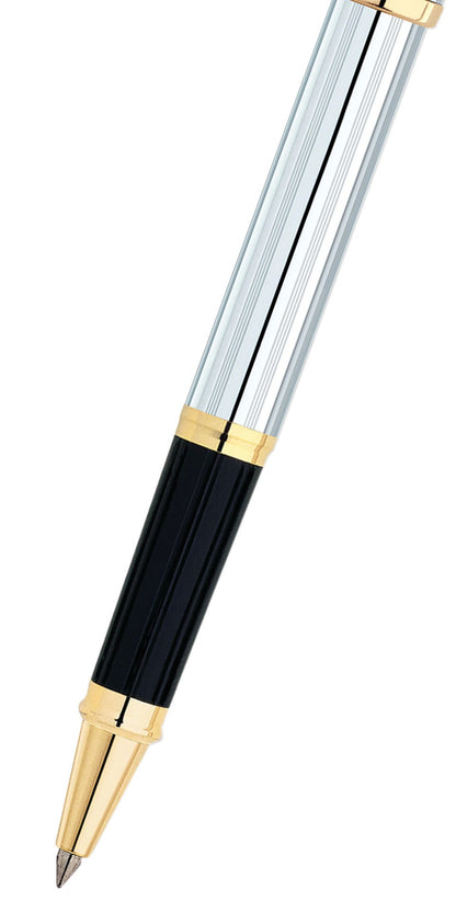 Century II Medalist rollerball pen by A.T. Cross, chrome barrel with gold trim and black grip on Tampa Home & Garden Store