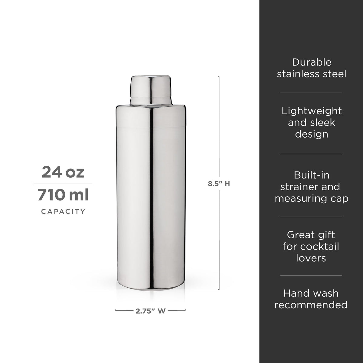 Viski Harrison Element cocktail shaker durable stainless steel 24 oz with built in strainer on Tampa Home & Garden Store