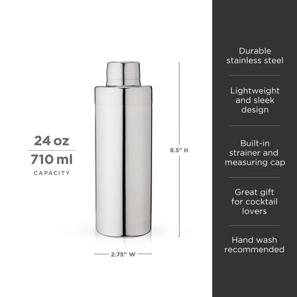 Viski Harrison Element cocktail shaker durable stainless steel 24 oz with built in strainer on Tampa Home & Garden Store