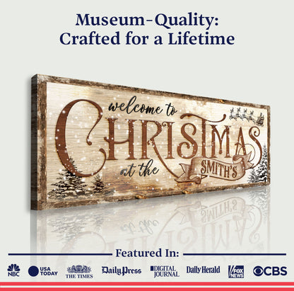 Family Welcome To Christmas Sign canvas by Tailored Canvases, rustic sign with festive lettering on Tampa Home & Garden Store