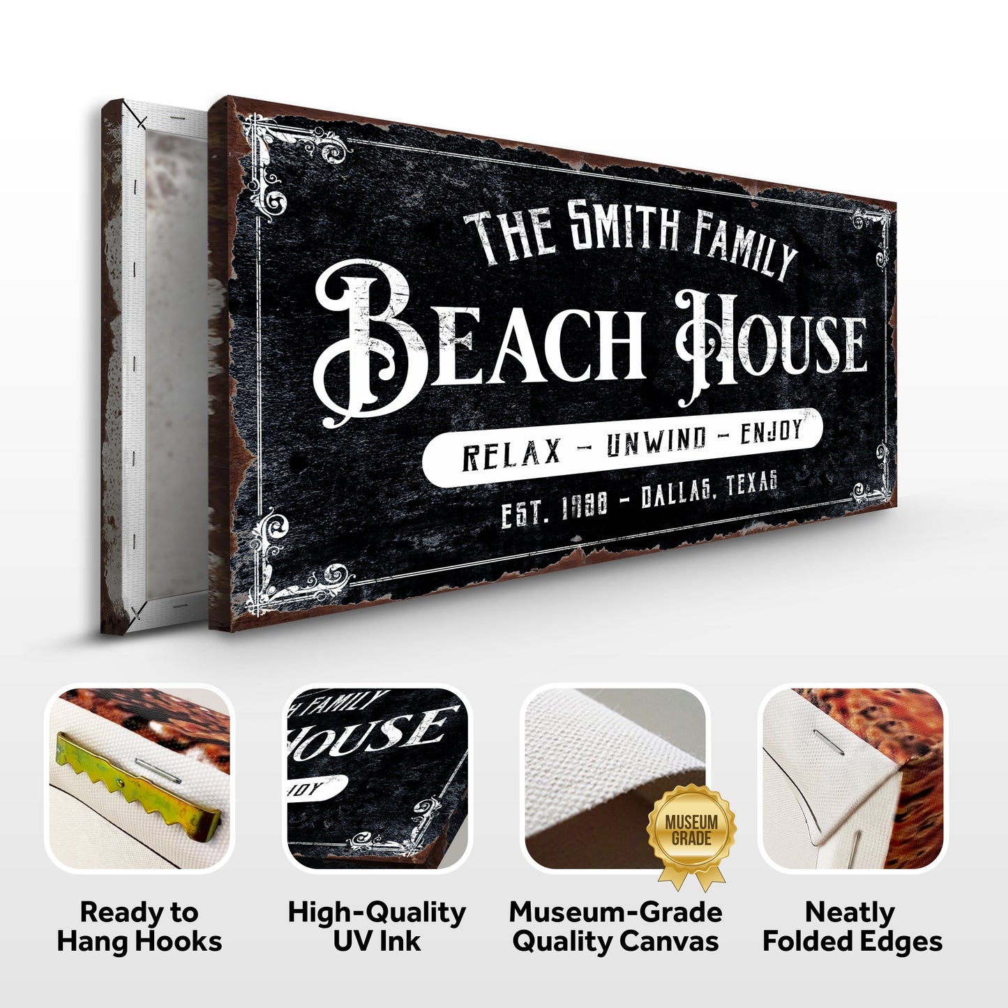Beach House Sign III canvas by Tailored Canvases, distressed black with white ornate border on Tampa Home & Garden Store