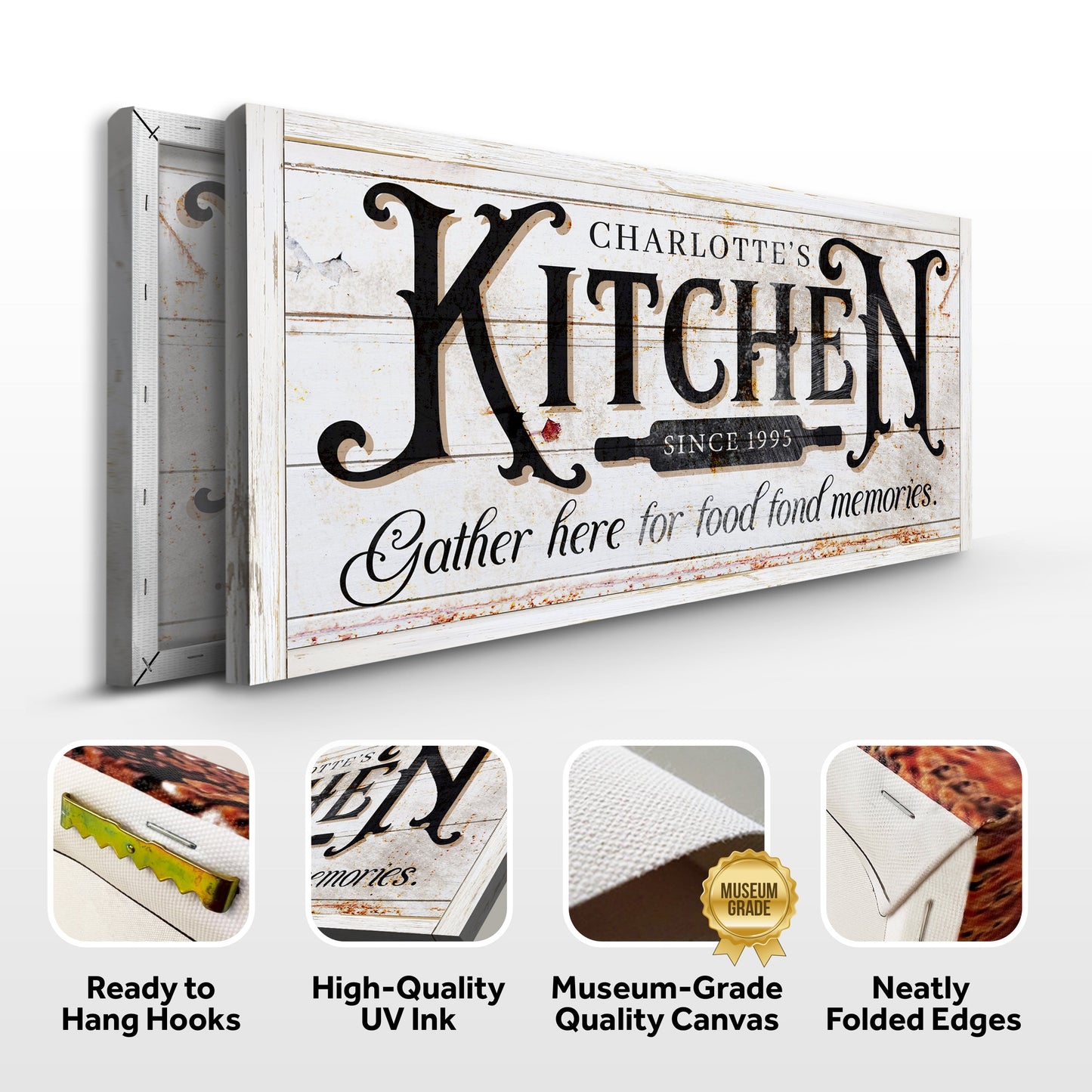 Kitchen Sign XII canvas by Tailored Canvases, rustic white-washed wood panel with bold serif KITCHEN lettering on Tampa Home & Garden Store