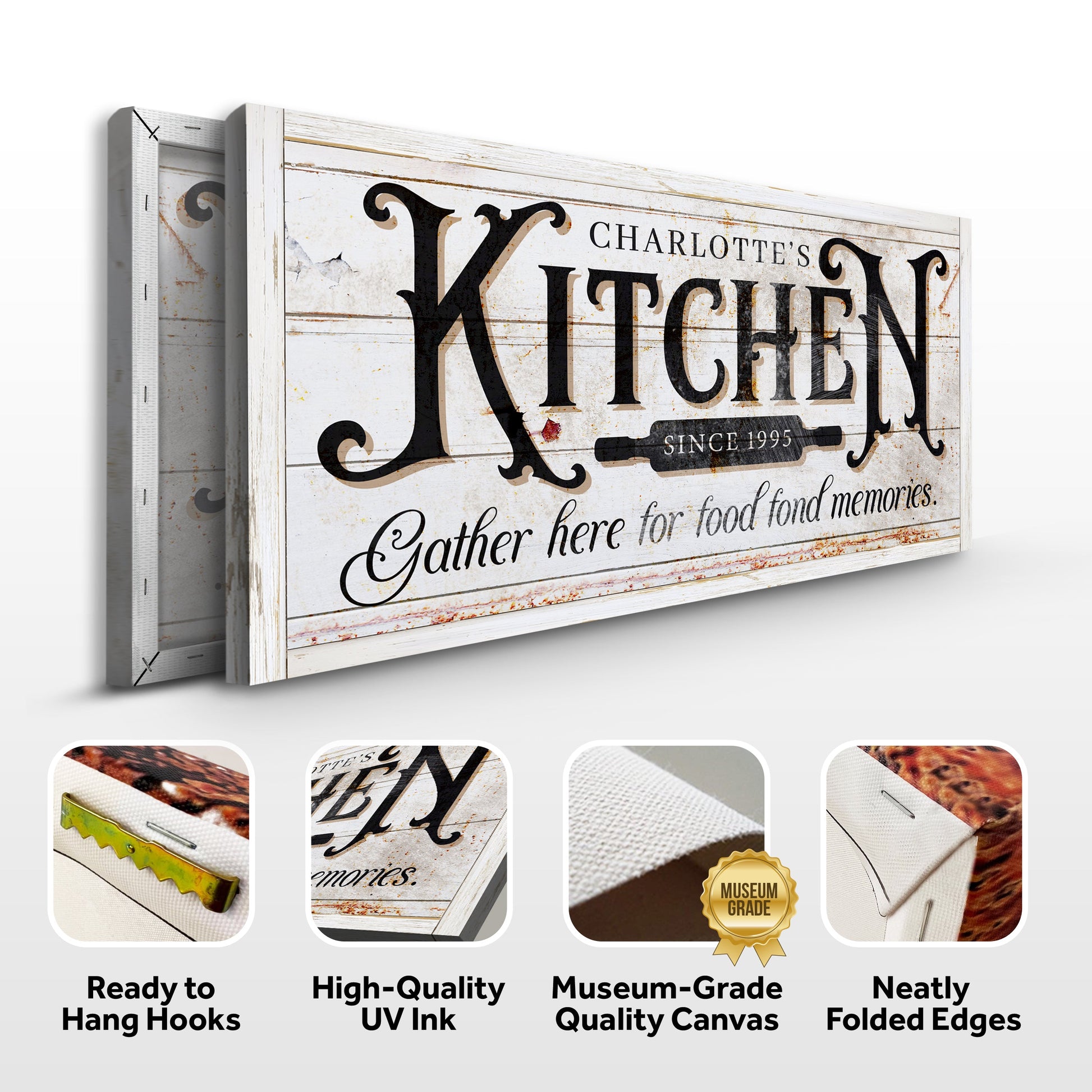 Kitchen Sign XII canvas by Tailored Canvases, rustic white-washed wood panel with bold serif KITCHEN lettering on Tampa Home & Garden Store