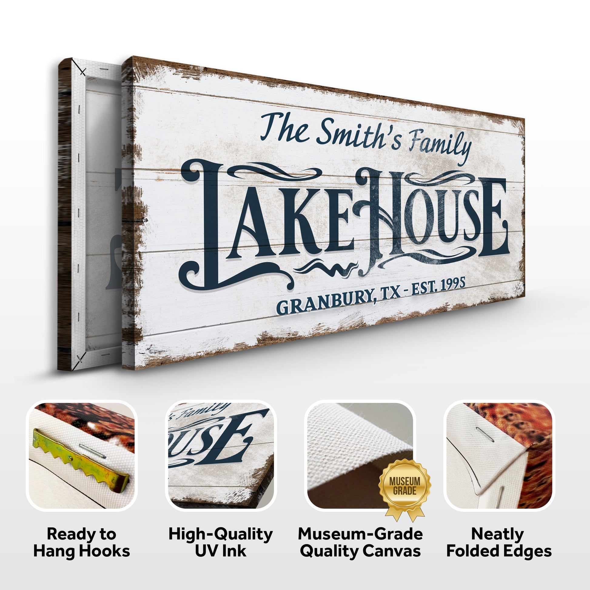Lake House Sign VII canvas by Tailored Canvases with rustic weathered wood backdrop on Tampa Home & Garden Store