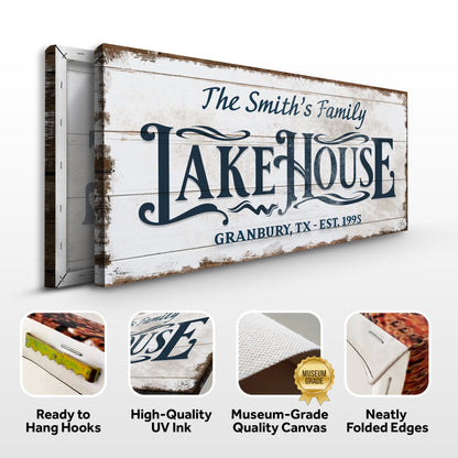 Lake House Sign VII canvas by Tailored Canvases with rustic weathered wood backdrop on Tampa Home & Garden Store