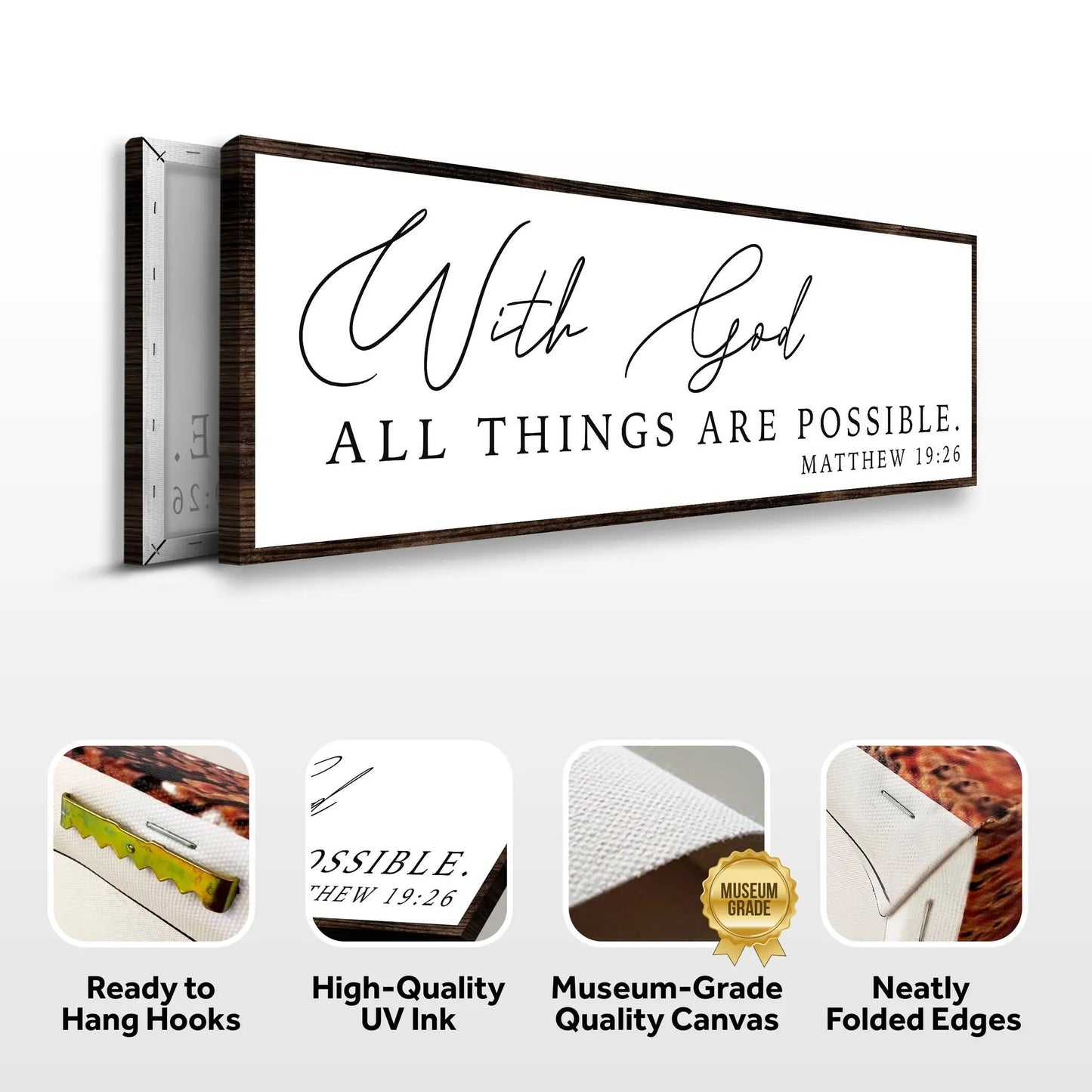 Canvas sign by Tailored Canvases in wood frame featuring With God All Things Are Possible verse on Tampa Home & Garden Store